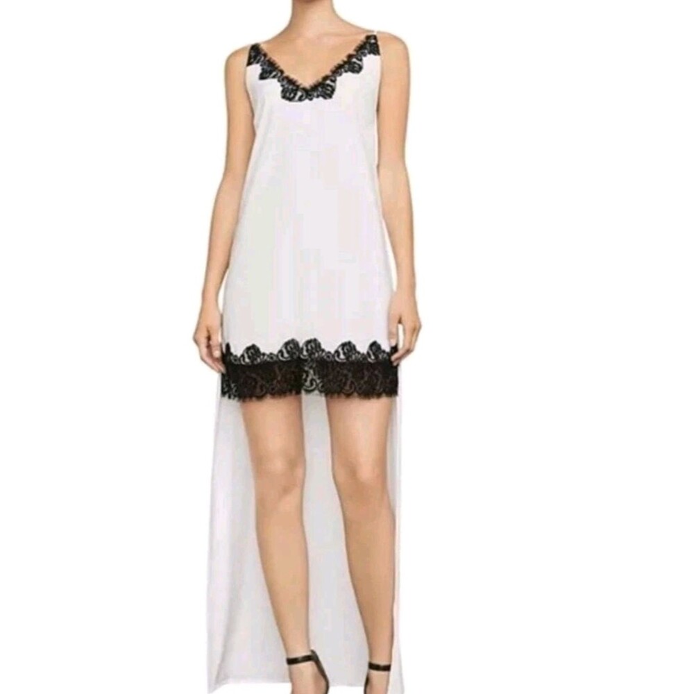 BCBG White High-Low Slip Dress with Black Lace Trim New NWT Size Medium